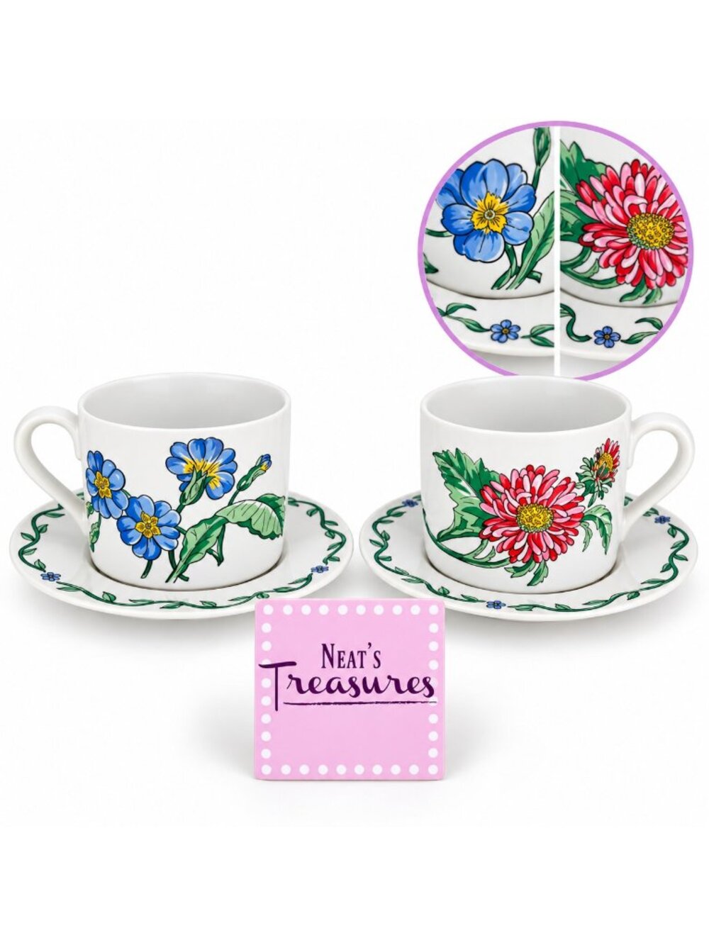 International Tableworks TERRACE BLOSSOMS Floral Stoneware 2 Cups & Saucer Set